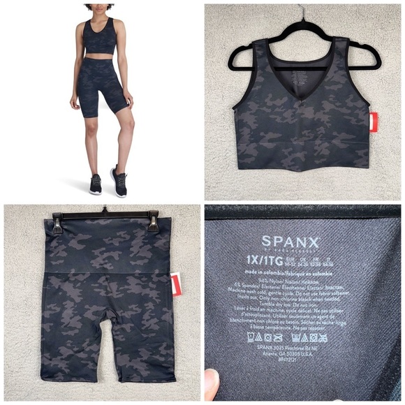 SPANX Women's 1X Set Crop Top and Biker Short Black Camo Lamn‎ Active Seamless - Picture 1 of 8